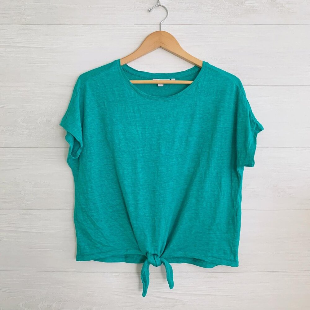 Chico’s - Green teal linen knot front short sleeve t-shirt, sz 0 S